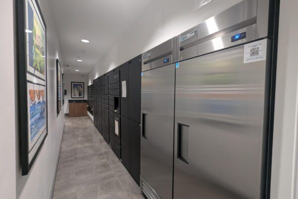Narrow hallway in a building with black parcel lockers along the right and framed art on the left wall.",